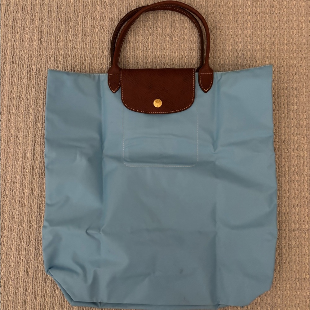 Longchamp Le Pliage Baby Blue Tote Bag with Brown Accents